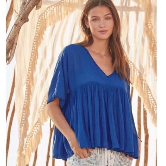 Sundance Beauty Breeze Blue Cotton Peasant Boho Relaxed Swing V-neck Top Small - Picture 1 of 7